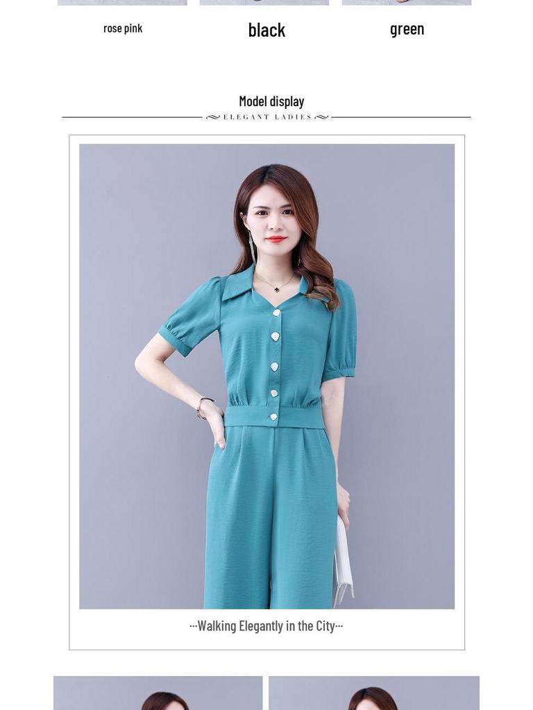 Модный женский летний шифоновый костюм-двойка 2025 - стильный омолаживающий комплект из рубашки и брюк для весны