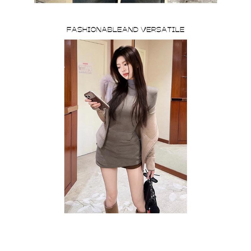 Женская узкая футболка с полувысоким воротником и длинным рукавом со разрезом Базовая нижняя одежда