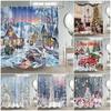Winter Christmas Shower Curtain Funny Snowman Xmas Trees Fireplace Truck Forest Snowy Scene New Year Holiday Home Bathroom Decor