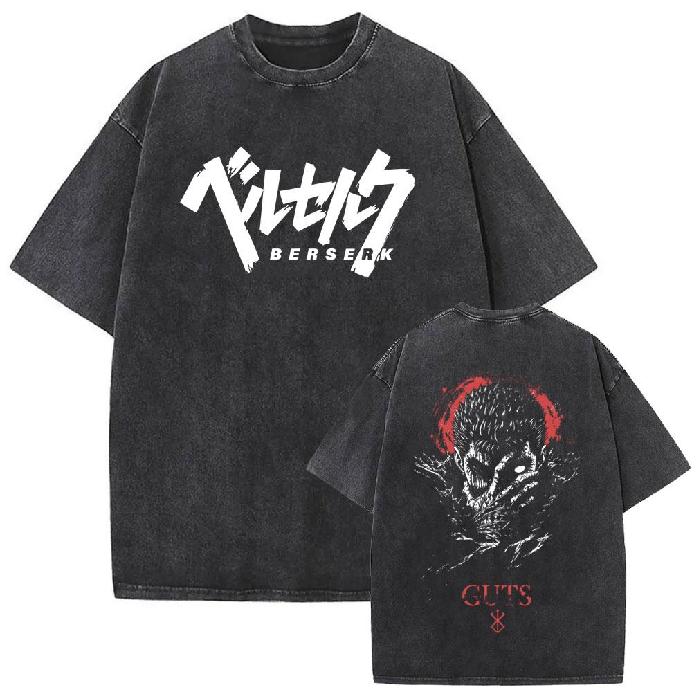Washed Vintage Anime Berserk Guts Graphic T Shirt Men Women Clothing High Quality Cotton T-shirt Men's Gothic Horror T-shirts