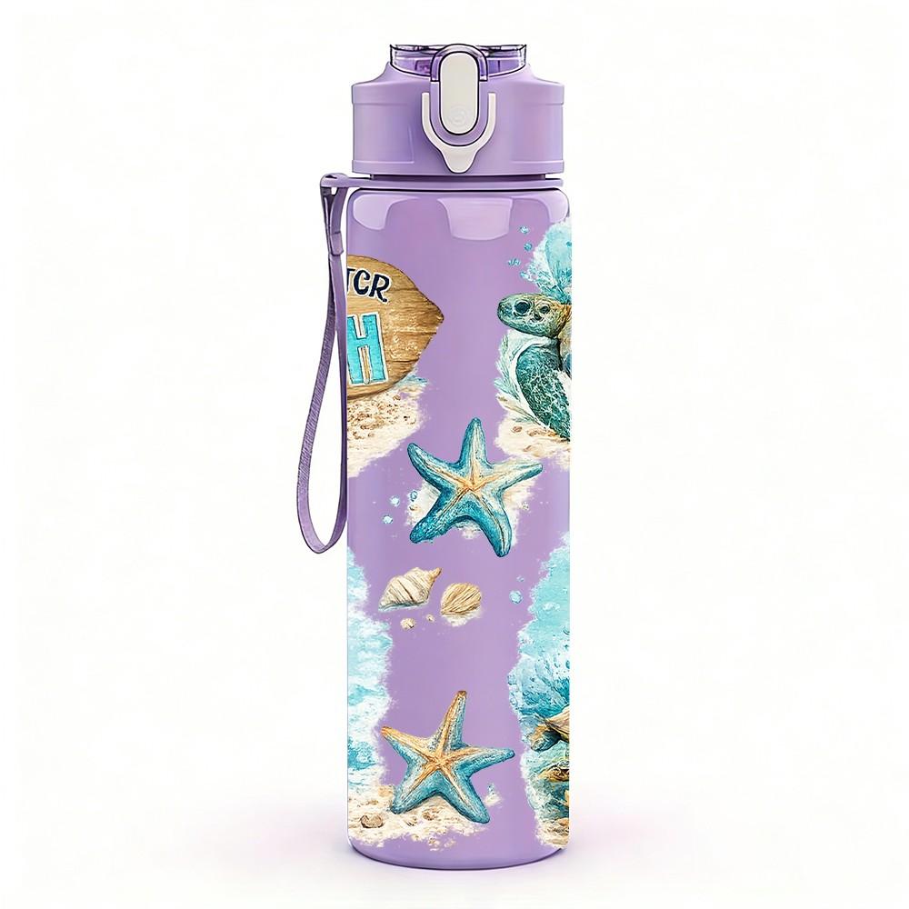 1PC Beach Ocean Sea Shell Landscape Print 750ml Color Plastic Sports Water Bottle Leakproof Flip Straw Lid Suitable for Sports Office Home Use