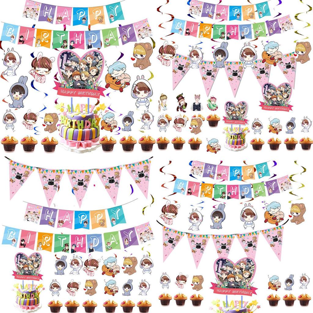 Праздничные принадлежности для дня рождения в тематике BTS с красочным топпером для торта и веселыми топперами для кексов