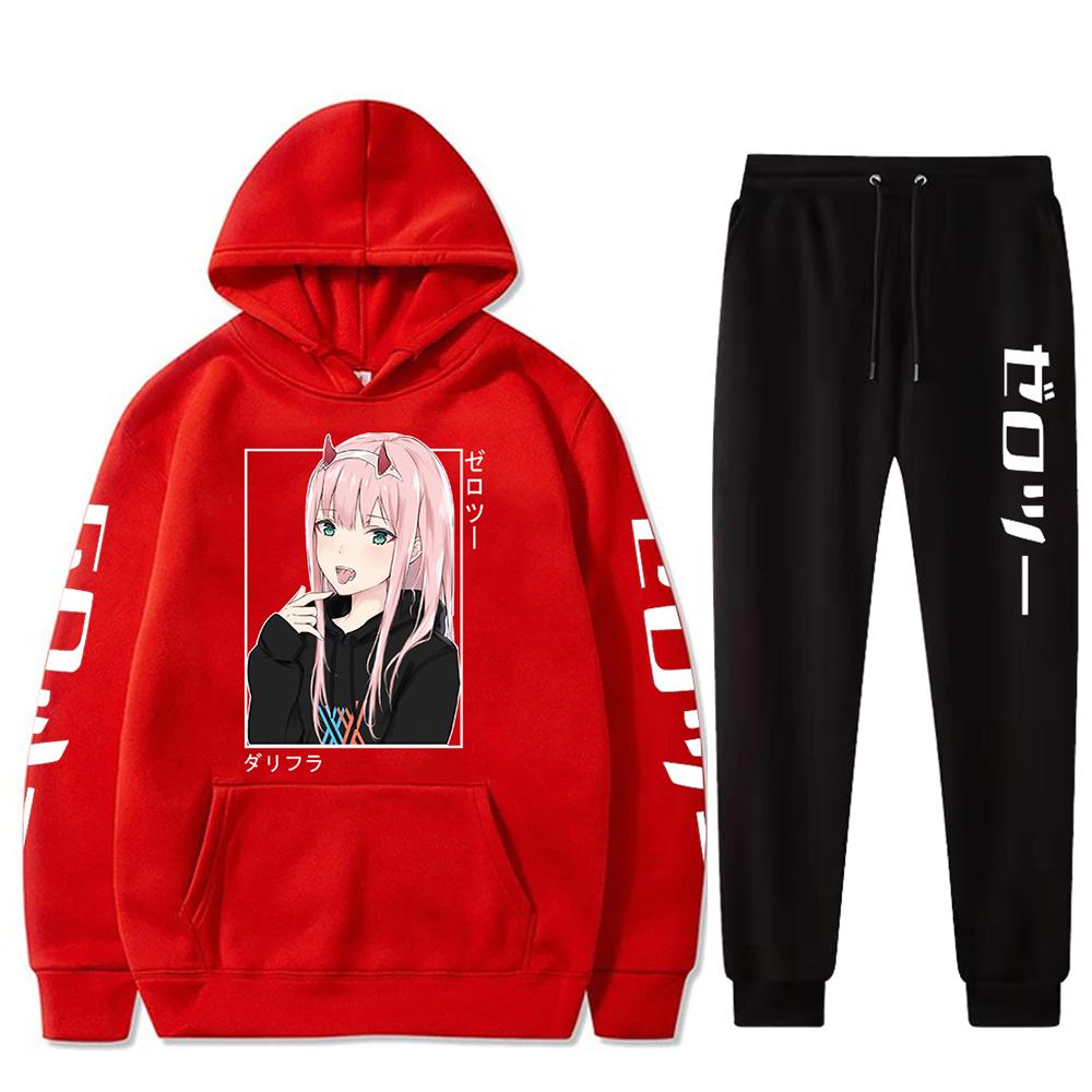 Новый модный комплект Kawaii Anime Darling In The Franxx Мужчины Женщины Толстовки унисекс Толстовки Zero Two Брюки с капюшоном Harajuku Спортивные костюмы