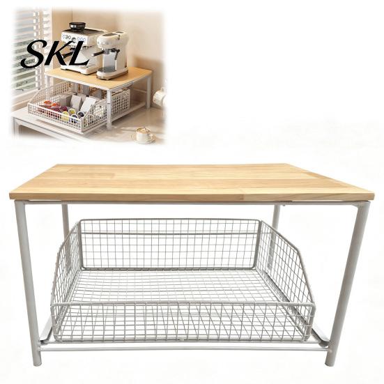 Dorm Room Storage Rack Coffee Maker with Drawer, Two Tier Countertop Organizer, Wood Top And Metal Basket Holder for Kitchen Office Break Counter