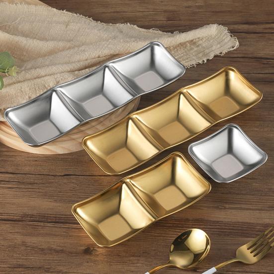 1/2/3 Grids Stainless Steel Seasoning Dish Korean Metal Barbecue Sauce Dipping Dish Plate BBQ Restaurant Kitchen Tableware