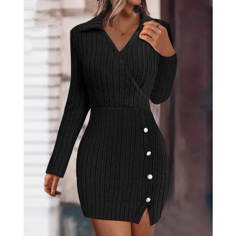 YYFS Women's Fashion Fall Winter Solid Color Print Long Sleeve POLO-Neck Casual Dresses