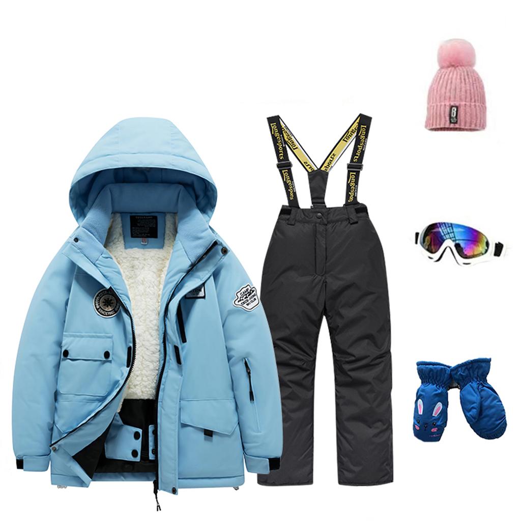 Детский модный лыжный комплект для мальчиков и девочек, утепленный, водонепроницаемый, термобелье, костюм из пяти предметов с курткой и брюками