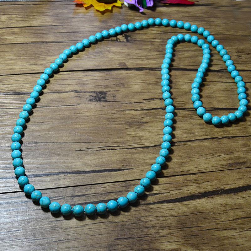 Turquoise Long Necklace Bohemian Handmade Long Necklace Round Bead Chain Multi Layered Necklace