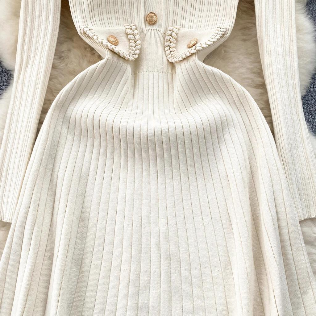 Knitted dress Women Autumn and Winter New High Sense Chic Waist Hugging Slimming Temperament Lapel Sweater Dress
