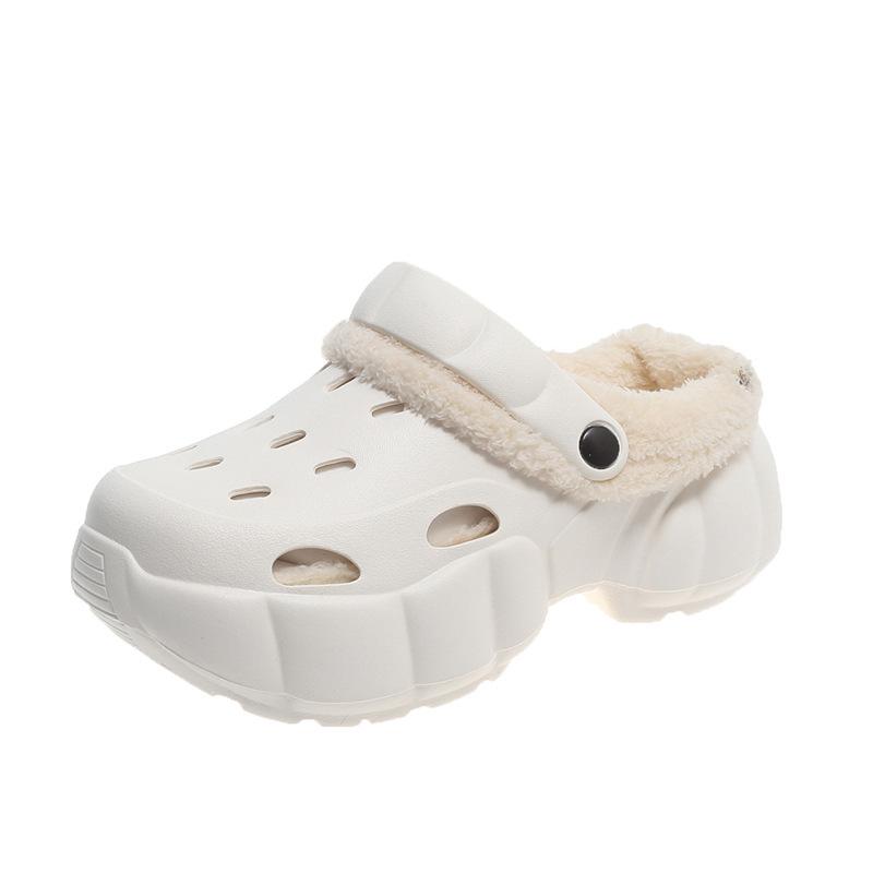 Туфли с дырочками на толстой подошве, новые съемные хлопковые тапочки для улицы, водонепроницаемые и нескользящие, плюшевые тапочки для женщин