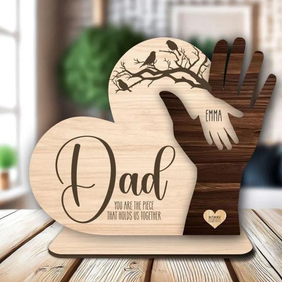 Семья, держащаяся за руки, табличка на стол, деревянная любовь, сердце, жест, украшение, украшение на день матери, украшение на день отца, центральное украшение стола