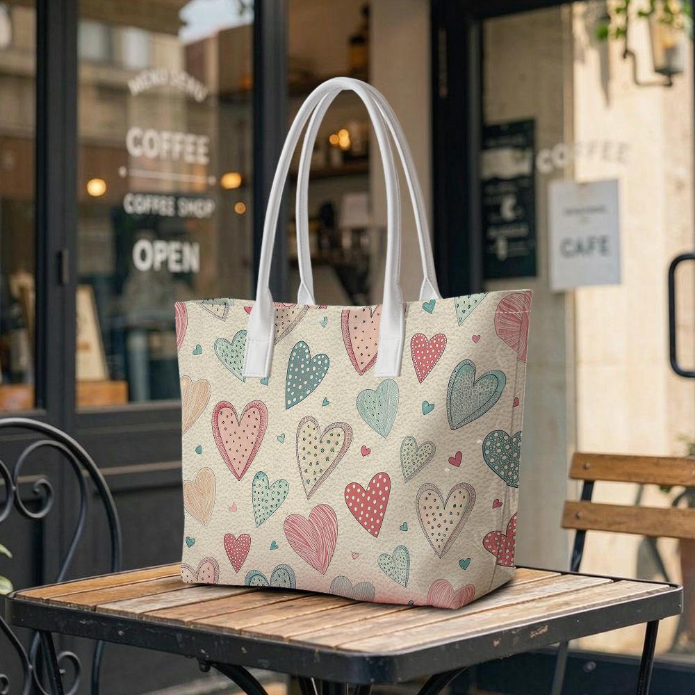 Sweet Heart Pattern Tote Bag Casual Daily Use Portable Lightweight Handbag for Women Outdoor Shopping