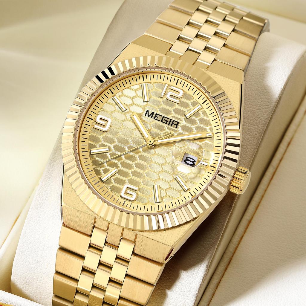 Megir Часы мужские наручные с большим циферблатом, деловые, для отдыха, из нержавеющей стали, водонепроницаемые, люминесцентные, с автодатой, подарок для мужчин, Reloj Hombre 1101