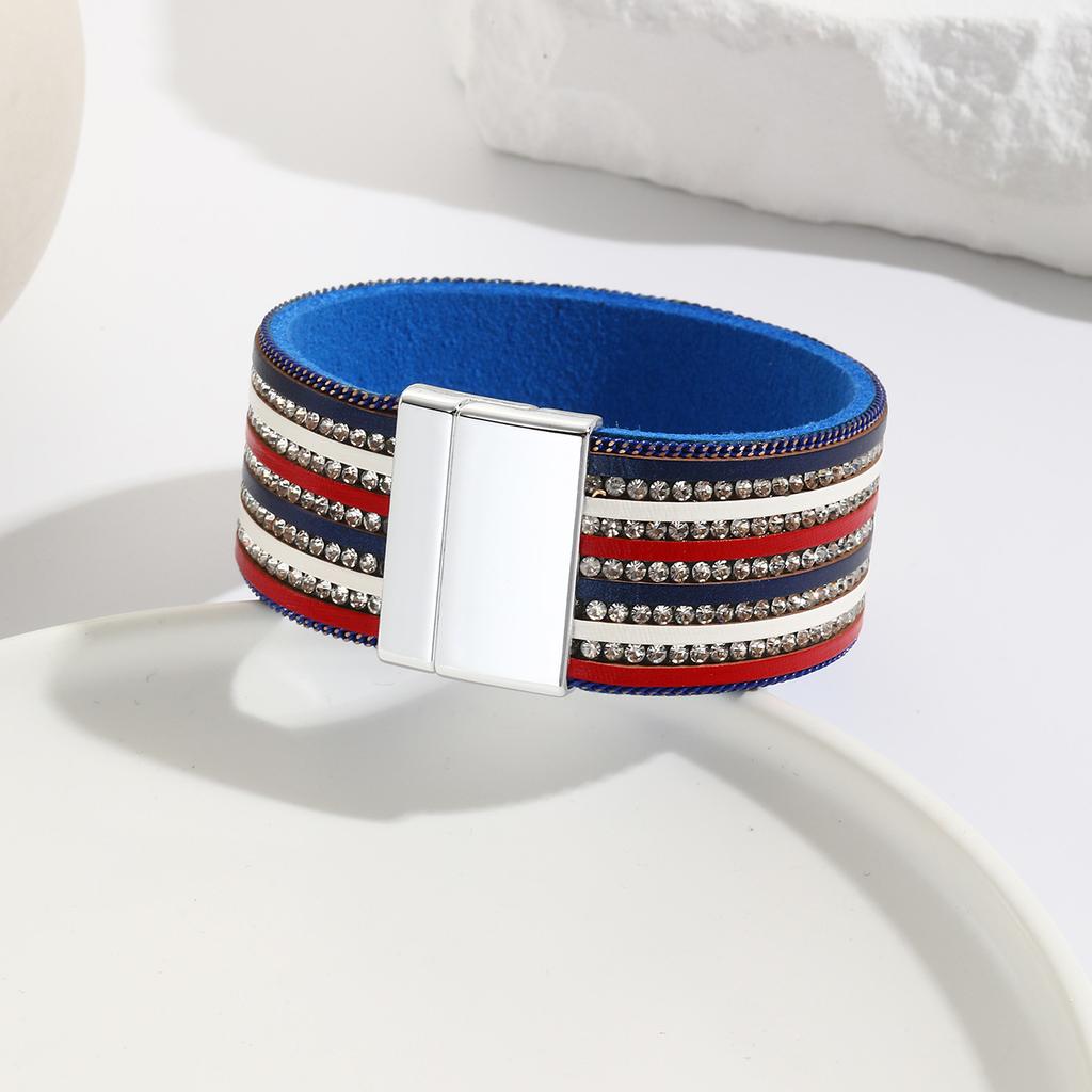 Bracelet red white blue color scheme leather bracelet women's rhinestone chain handmade multiple pu leather hand rope men's magnetic buckle