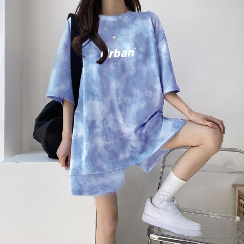 Женский костюм из футболки и шорт Повседневный набор с tie-dye свободной футболкой и широкими шортами средней длины с карманами женский Мягкие летние комплекты шорт