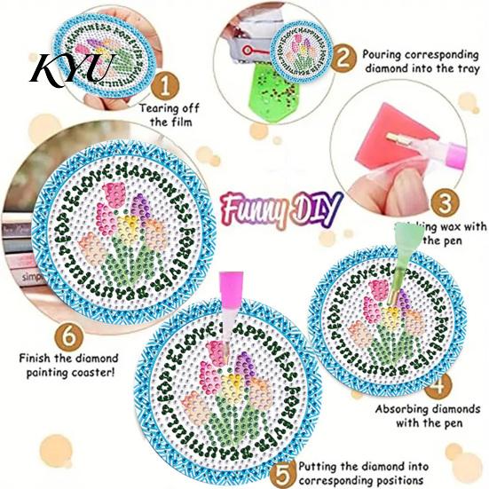 Handmade Cup Mats 6 Pcs Tulip Flower Faux Diamond Art Painting Coasters Kit, DIY Rhinestone Personalized Gift for Friends Coaster Set with Beads
