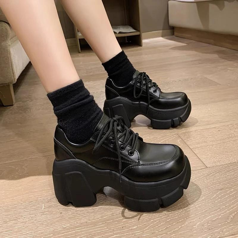НОВЫЕ весенние и осенние туфли с круглым носком, шнуровкой, яркой кожаной подошвой, водонепроницаемой платформой, черными, на высоком каблуке, одинарные туфли