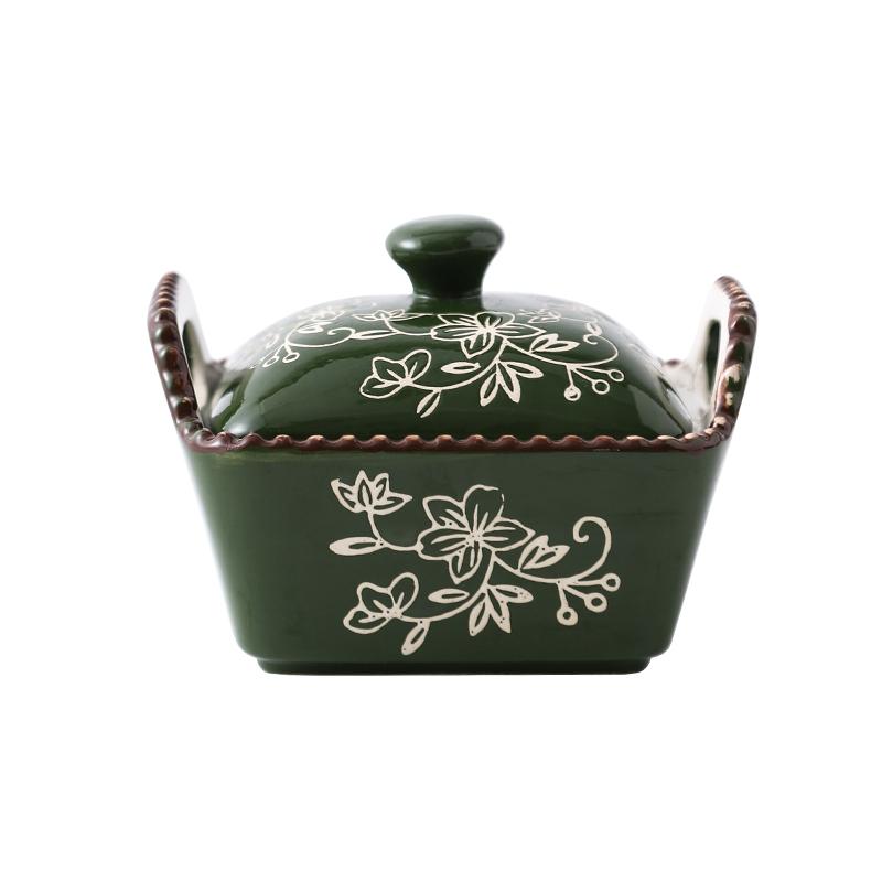 Ceramic Microwave Baking Bowl Home Hand-painted Isolation Painted with Lid Bead Point Snack Candy Dried Fruit Bowl with Cover