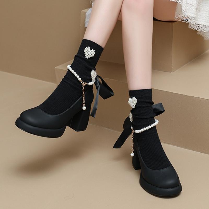 High Quality Mary Janes Shoes for Womens Pearl Necklace Pumps Round Toe Shallow Mouth Beaded Bow Thick High Heels Office Shoes