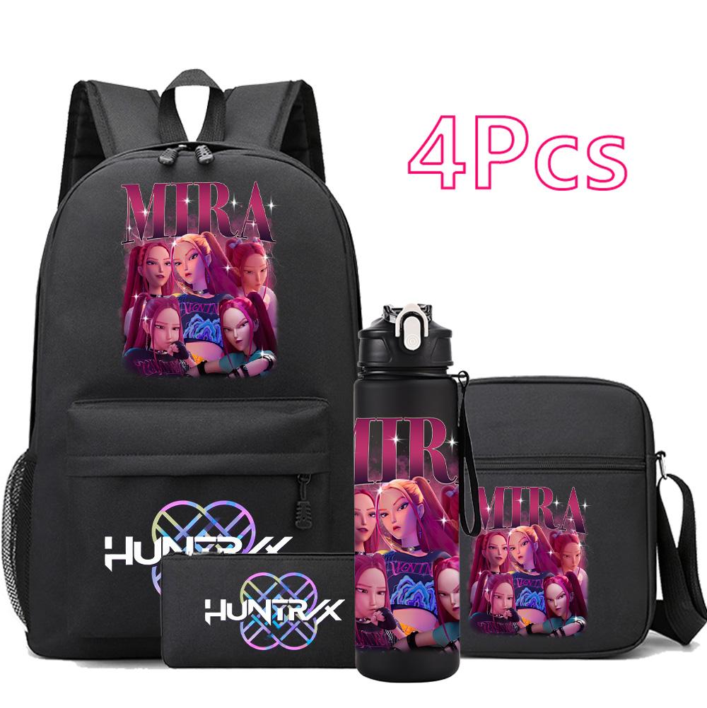 4Pcs/set Anime Demon Hunters Printed Backpack Bookbag Shoulder Bag Case Bag with 750Ml Water Bottler for Boy Girl Large Capacity Schoolbag