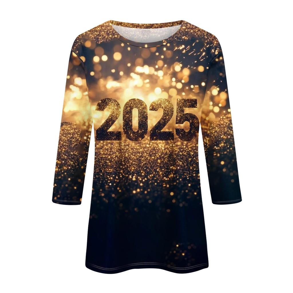 Женская мода повседневная новогодняя принтованная круглая горловина с рукавом три четверти топ Новый год 2025
