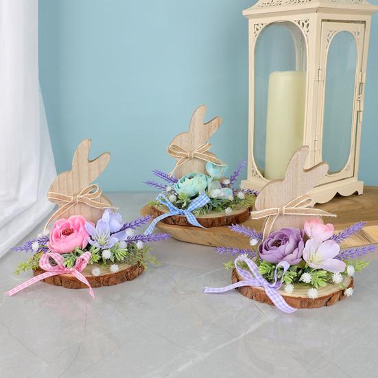 Easter Bunny Wooden Sign Desktop Bunny Ornament with Artificial Flower Spring Party Tabletop Centerpiece for Tiered Tray Home Decor