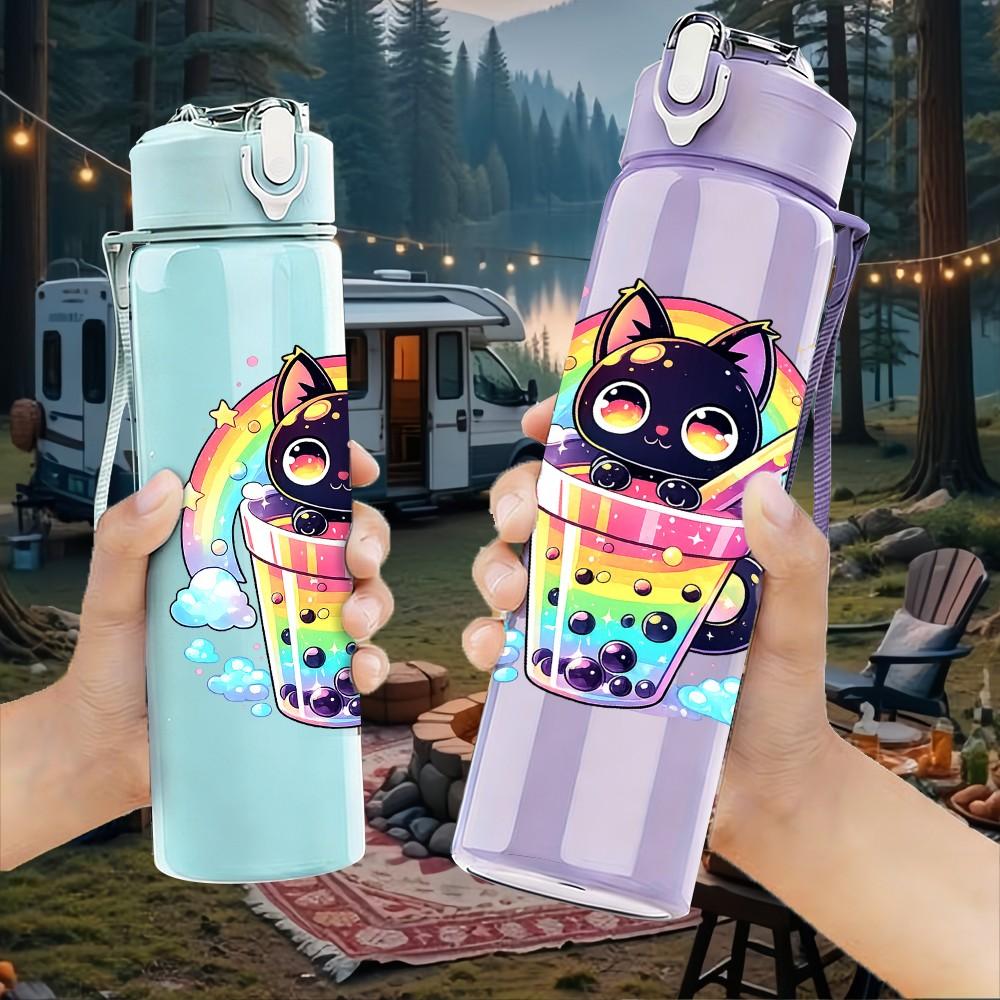 1PC Cat Wearing Colorful Hoodie Cartoon Print 750ml Color Plastic Sports Water Bottle Leakproof Flip Straw Lid Suitable for Sports Office Home Use