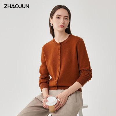 Женский вязаный кардиган Zhaojun с круглым вырезом из чистой шерсти