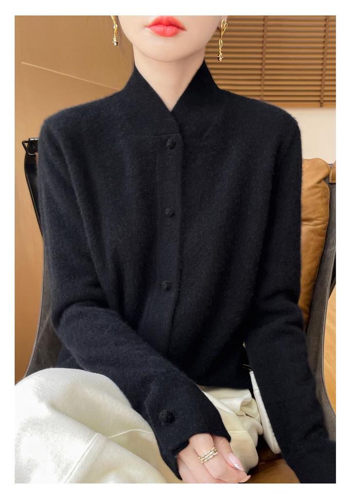 2024 Women's Stand Collar Wool Knit Qipao Cardigan - Casual Versatile Solid Color Sweater for Autumn/Winter