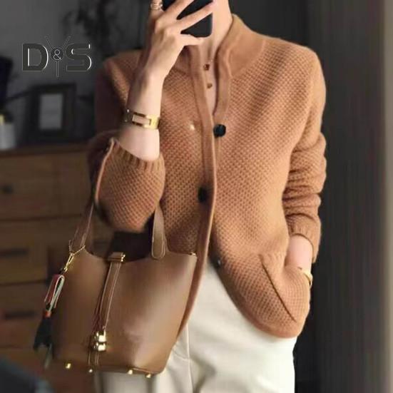 Женское зимнее пальто, трикотажное, утолщенное, однобортное, однотонное, с карманами, воротником-стойкой, теплым, с пуговицами, кардиганом, повседневная одежда, свитер, куртка для отдыха на природе