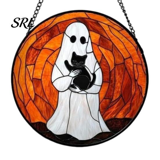 Horror Party Atmosphere Supplies Retro Halloween Pendant, Ghost/Bat/Spider Web/Pumpkin Head Print, Acrylic Disc Wall Decor Vintage Hanging Ornament