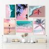 Розовый пляж Океанский пейзаж Холст Живопись Постеры Принты Серфинг Кокосовая пальма Скандинавское настенное искусство Картина для гостиной Домашний декор