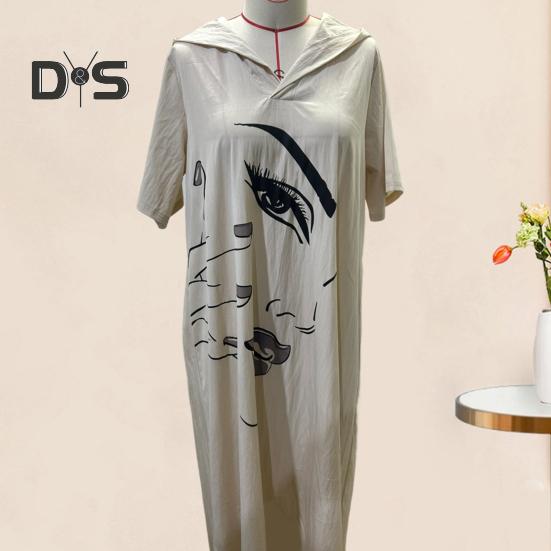 Женское платье с принтом лица, свободное платье с капюшоном и шнурком в богемном стиле с короткими рукавами, городской стиль, пуловер с разрезом по краю и боковым карманом, платье миди длиной до середины икры