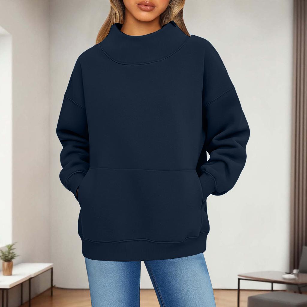 Women's Fashionable Casual Solid Color Round Neck Long Sleeved Pocket Sports Casual Pullover Sweatshirt Top