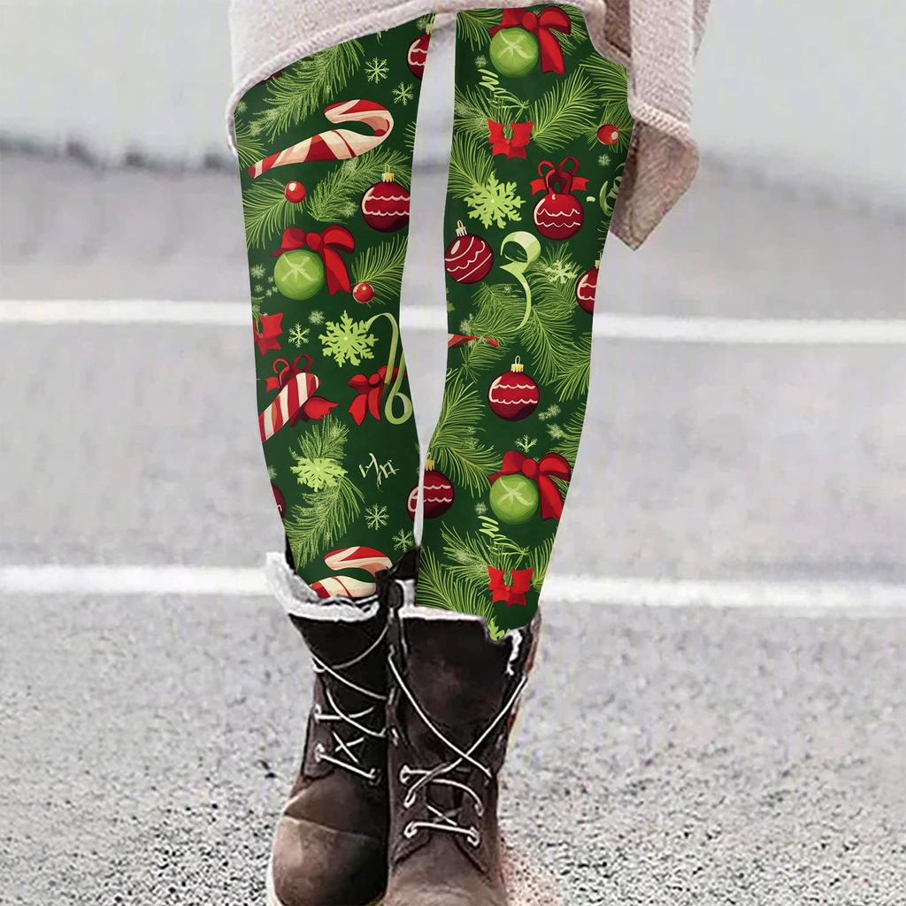 Women's Casual Christmas Tree Snowflake Print Slim Fit Elastic Yoga Pants Cropped Pants