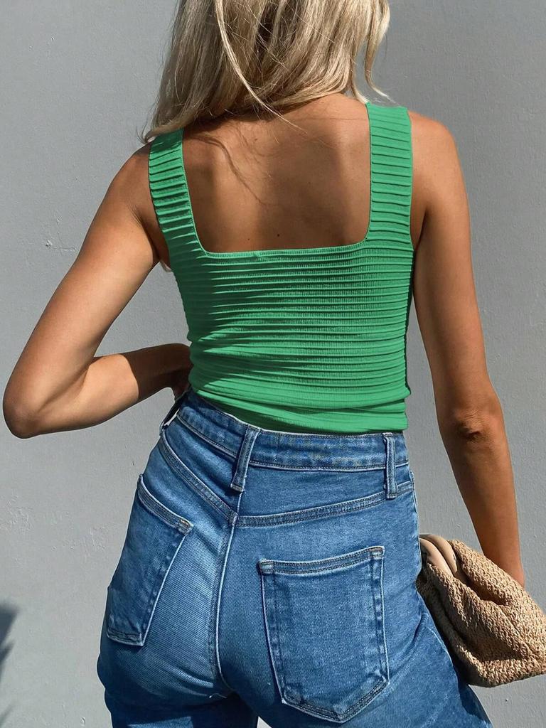 Women's Ribbed Tank Top Square Neck Slim Fit Sleeveless Summer Knit Shirt