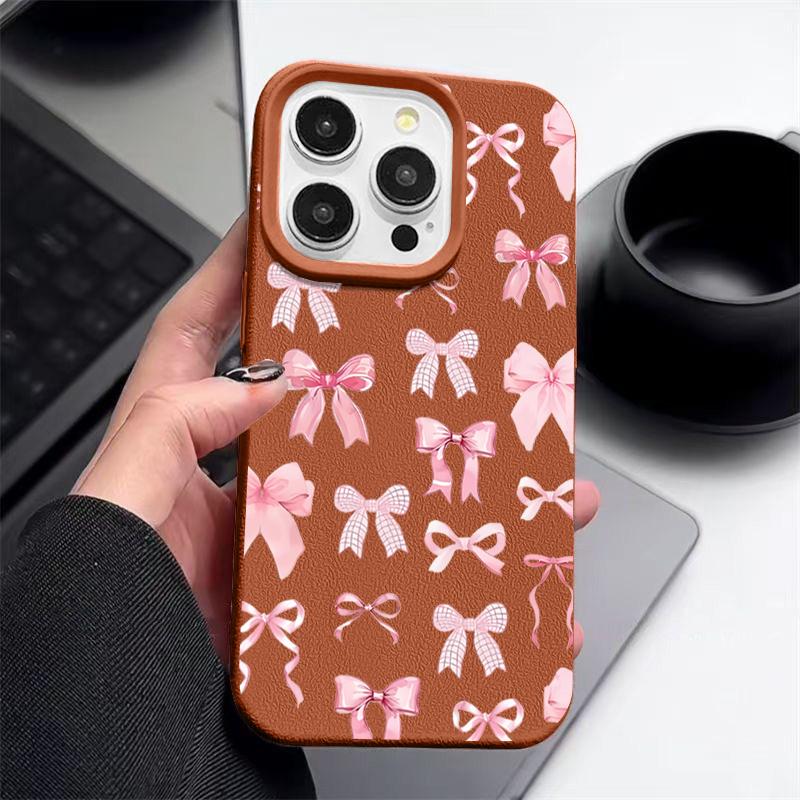 Мягкий чехол из ТПУ с текстурой из кожи для iPhone 16 Pro Max 15 Pro 14 13 12 11 с розовым бантом и узором, противоударный матовый чехол-бампер