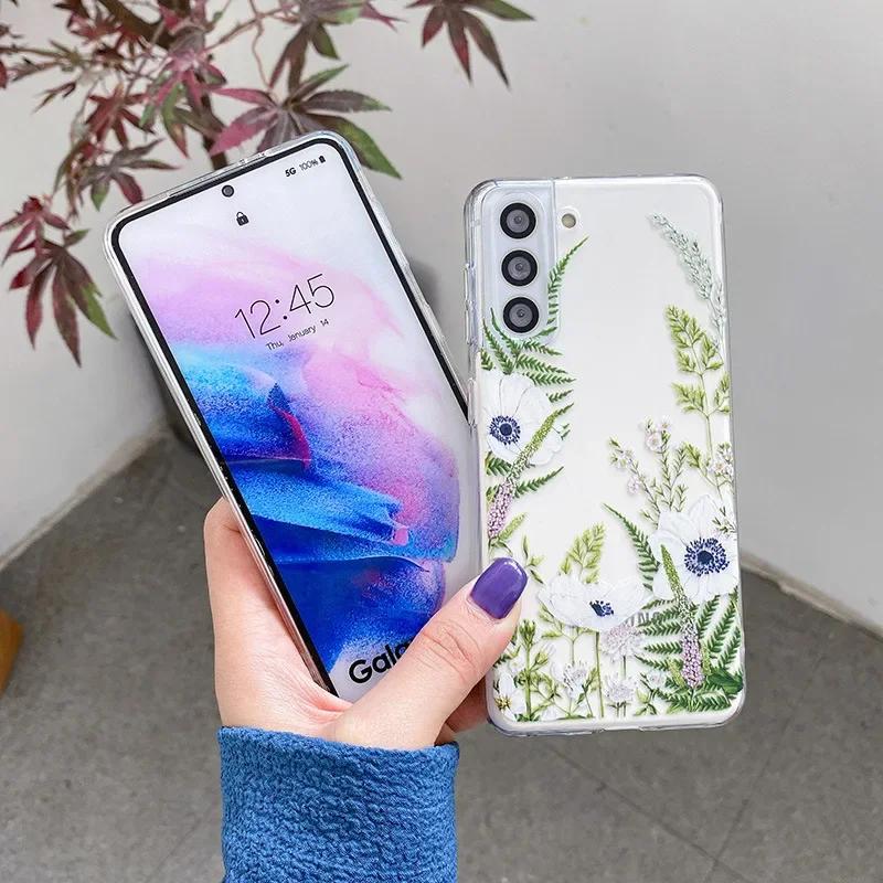 Милый Чехол для Телефона с Рисунком Цветов для Samsung S25 S24 S22 S21 FE Ультра Прозрачные Силиконовые Чехлы для Samsung Galaxy S23 Plus Ultra
