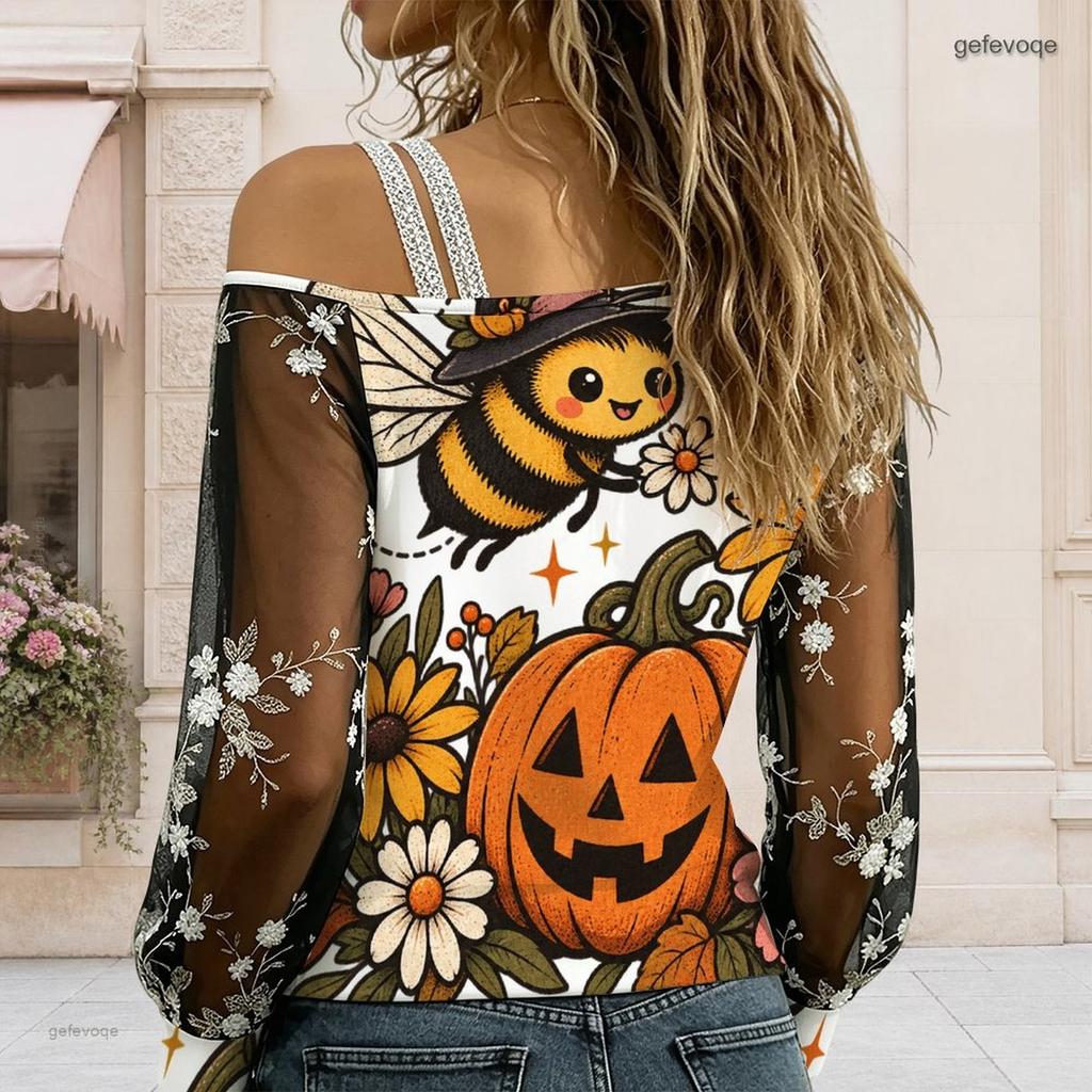 Women Plus Size Asymmetric Off Shoulder Strap Long Sleeve T Shirt Halloween Print Sheer Sleeve Top