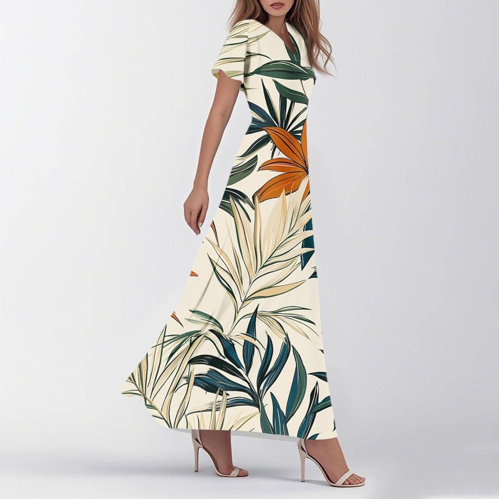 Women's Summer Casual Fashion Retro Floral Dress V Neck Short Sleeve Dress