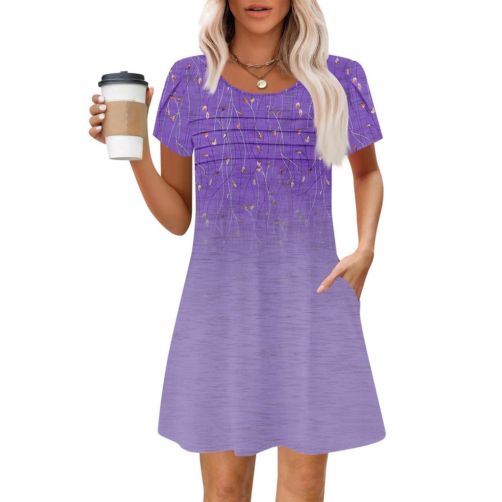 Women's Summer Casual Petal Slim Stripe Pleated Solid Color Dresses