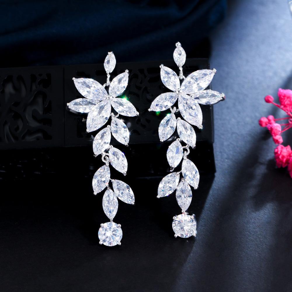 Ircons Glittering Flower Leaf Shaped Long Dangle Wedding Bridal CZ Earrings Silver Plated Elegant Pageant Jewelry CZ210
