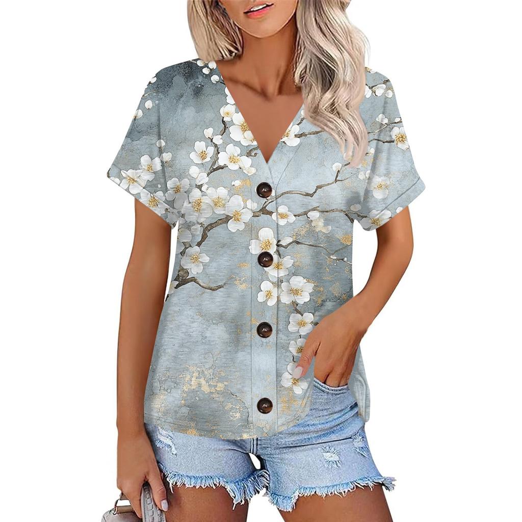 Женская мода с короткими рукавами и V-образным вырезом, повседневная футболка с пуговицами