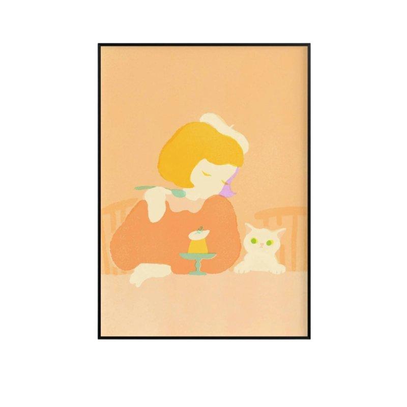 Nordic Design Decorative Painting, Cat Cartoon Wall Art, Minimalist Framed Canvas for Living Room, Bedroom