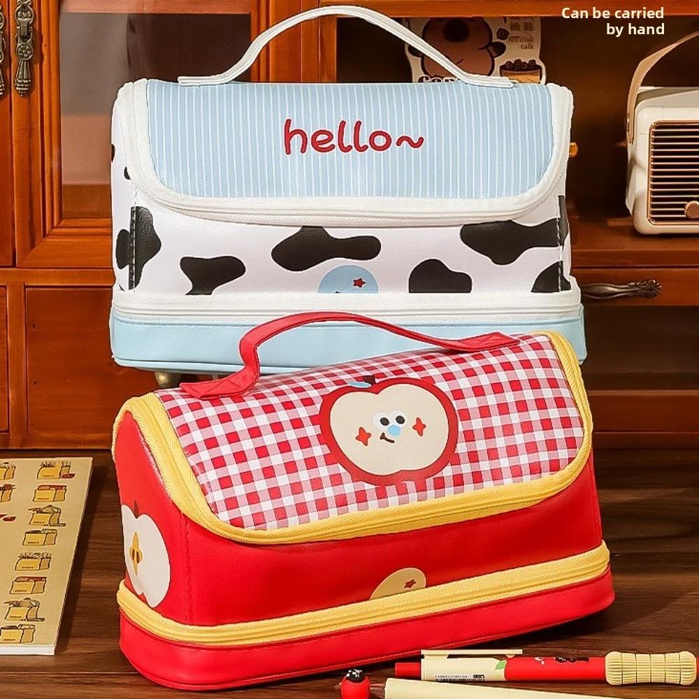 Hand-held Cartoon House Pen Bag PU Leather Waterproof Food Fruit Burger Cow PU Stationery Bag Large Capacity Big House Shape