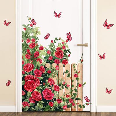 Красная Роза Бабочка Садовый Забор Настенная Наклейка Наклейка на Дверь Для Декора Гостиной