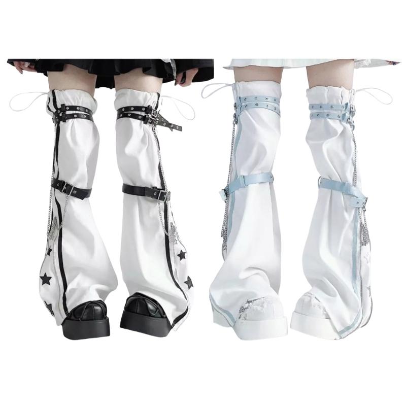 Women Harajuku Star Print Zippered Flared Leg Warmer Aesthetic Fashion Punk PU Harness Strap Leg Cover Thigh High Socks