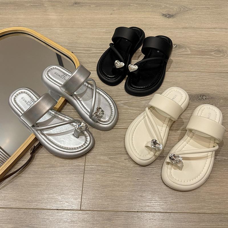 Толстоподошвенные шлепанцы с перемычкой, украшенные стразами, женские, лето 2025, новая уличная пляжная обувь