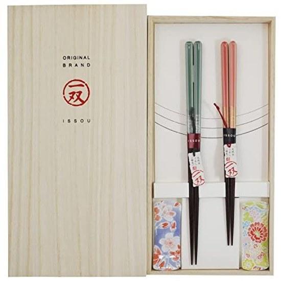 pair couples chopsticks lacquered paulownia box chopstick rest Honoka 2 sets made Japan.