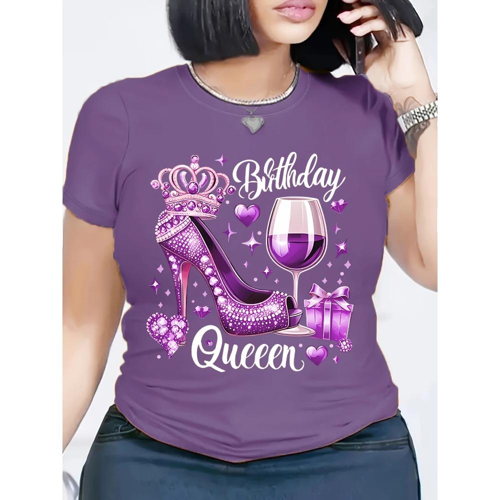 Red Birthday Queen Women's High Heels and Crown Wine Glass Pattern Tshirt Casual Short Sleeve Round Neck T-shirt Machine Wash